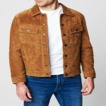 Vyri&scaron;kas ėriuko odos TanSuede striukė | Džinsinio stiliaus zom&scaron;iniai mar&scaron;kiniai | Cowboy Suede Trucker Striukė su ki&scaron;ene ant krūtinės | Įžymybės zom&scaron;iniai mar&scaron;kinėliai XXL gelsvai ruda