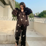 Ice Silk Print Pižamos rinkinys Moteri&scaron;kas korėjieti&scaron;kas vintažinis pra&scaron;matnus laisvalaikio dėvėjimas namuose su sagutomis ilgomis rankovėmis kelnių kostiumas