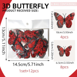 3D drugelių sienų lipdukai, drugelio lipdukas, nuimamas drugelio lipdukas dekoravimui svetainėms ir vestuvėms, 12 vnt. Style 1 raudona
