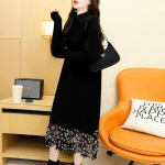 Pullover sweater female lace French half high neck sweater knit fake two-piece dress long sleeve sweater pullover women dress