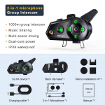 &bdquo;Kebidumei D2-6X&ldquo; motociklo &scaron;almas &bdquo;Bluetooth 5.3&ldquo; domofono ausinės, 1000 m nuotolis, 6 motociklininkai, atsparus vandeniui, muzikos bendrinimas 1Pc