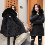Moteri&scaron;ka Parka Fashion Ilgo palto vilnos pamu&scaron;alas su gobtuvu Parkas žieminė striukė plona su kailiniu apykakle &Scaron;ilti sniego dėvėjimo pamink&scaron;tinti drabužiai XS juoda