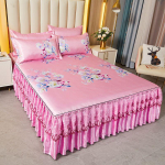 Ledinio &scaron;ilko nėrinių lovos sijonas ir vėsus kilimėlio rinkinys - Kvėpuojantis rotango dizainas 1.8*2.0m with Bedskirt + 2 Pillowcases