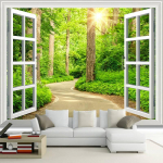 3D Green Sunshine Forest Road Langas Natūralus kra&scaron;tovaizdis tapetų freska, Svetainės TV siena Miegamojo namų dekoro sienos lipdukas 240 cm(W) x 160 cm(H)