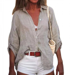 Moteri&scaron;ki vasariniai medvilniniai lininiai vienspalviai mar&scaron;kiniai septynių ta&scaron;kų rankovėmis, laisvi mar&scaron;kinėliai V formos kaklu XL pilka spalva