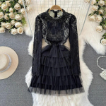 Mados Eleganti&scaron;kas Prabangus Perlai Karoliukai Tortas Mini Suknelė Moteri&scaron;ka ilgomis rankovėmis Blizgučiais Nėriniais susiuvamais tinklinio sluoksnio vakarėliui skirtos suknelės S juoda