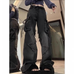 Moteri&scaron;ki juodi gotikiniai baggy Cargo džinsai su žvaigždute Harajuku Y2k 90s Estetinės džinsinės kelnės Emo 2000 Jean Kelnės Vintažiniai drabužiai S juoda