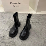 Moteri&scaron;ki, madingi, pado pado platforminiai batai kulk&scaron;nies &bdquo;Chelsea Slip on Chunky Block Heel&ldquo; PU odiniai kovos batai, skirti moterims Laisvalaikio užtrauktuku užtrauktuku auk&scaron;ti batai 39 juoda
