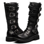mada Vyri&scaron;ki odiniai motociklo batai iki blauzdos Koviniai batai gotikiniai diržai punk batai vyri&scaron;ki batai batai Botas Hombre 37 juoda