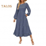 Rudens žiemos moteri&scaron;ka suknelė ilgomis rankovėmis su žibintu, A formos, apvaliu kaklu, dideliu apvadu, ta&scaron;kiniu aplikavimu, klostuota vienspalvė pasimatymų vidutinio dydžio suknelė, keliaujanti į darbą ir atgal M mėlyna