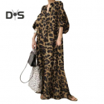 Lady Maxi Suknelė Leopardo ra&scaron;to stovo apykaklė Negabaritinė pusė rankovių Bohemi&scaron;ko stiliaus laisvalaikio pilno ilgio rudens pavasario suknelė