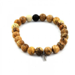 Pierres et Min&eacute;raux. Bracelet Perles Jaspe Paysage + Onyx noir mat 8 mm. Fabriqu&eacute; en France.