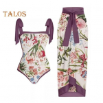 2 vnt / rinkinys Moteri&scaron;ki spausdinti monokini su sijonu, bandeau vientisas kar&scaron;to pavasario maudymosi kostiumėlis su paplūdimio dangteliu