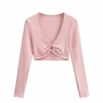 Pavasario ir rudens nauji moteri&scaron;ki trumpi kar&scaron;tų merginų gilios V formos i&scaron;kirptės bambą atidengiantys liekninantys mar&scaron;kinėliai ilgomis rankovėmis S rožinė