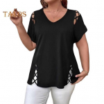Women Summer T-shirt V-Neck Short Sleeve Solid Color Loose Fit Casual Tops with Hollow Cross-Band Design 4XL raudona