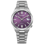 Citizen TSUYOSA 37mm automatinis laikrodis su datos rodikliu ir prabangus mechaninis laikrodis moterims, su sidabriniu permatomu galiniu dangteliu, atsparus vandeniui, rodyklinis, violetinės spalvos, purpurinis, violetinė