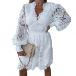 Moteri&scaron;ka rudens suknelė, nėriniai, tu&scaron;čiaviduriai A formos, laisvi apvadu V kaklu ilgomis rankovėmis vienspalviai mink&scaron;ti dvigubi sluoksniai, elastinga moteri&scaron;ka suknelė iki kelių XL balta