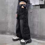 Retro Cargo džinsai Mergaičių pavasariniai laisvi laisvalaikio vaiki&scaron;kos plačios kelnės Dizaino Streetwear kelnės 160cm juoda