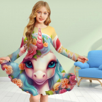 Mergaitės kasdieninė suknelė su 3D ra&scaron;tu, rožinė, vienaragis, apvalia i&scaron;kirpte, ilgomis rankovėmis, vaiki&scaron;ka princesės suknelė 80 mėlyna