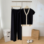 Madingi megzti 2 dalių komplektai moterims V formos i&scaron;kirpte vienaeilis kardiganas auk&scaron;tu juosmeniu plačių kojų ilgos kelnės vientisi megztiniai kostiumai L juoda
