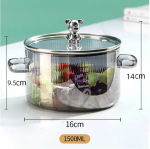 Stiklinis puodas sriubai, atsparus auk&scaron;tai temperatūrai, su dangčiu, dvigubomis rankenomis, skaidrus borosilikatinis, indukcinis, virtuvinis, skirtas maisto gaminimui 1500ML