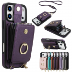 Kryžinė 2 viename magnetinis užtrauktukas kortelių laikiklis odinis piniginės dėklas iPhone 17 Pro Max 16 Plus 15 14 13 12 11 ilgas dirželis Dangtelis iPhone 13 Pro violetinė