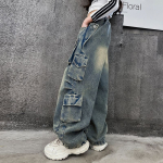 Retro Cargo džinsai Mergaičių pavasariniai laisvi laisvalaikio vaiki&scaron;kos plačios kelnės Dizaino Streetwear kelnės 160cm mėlyna
