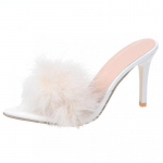 Moteri&scaron;kos &scaron;lepetės Auk&scaron;takulniai Kailiniai Stileto Peep Toe Mules Moterų kambariniai Guma Zapatillas Mujer Smailianosiai Raudoni Vasariniai Nauji Seksualūs Batai 39 balta