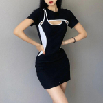 Mini sijonas trumpomis rankovėmis, madingas gatvės sportinis stilius, kontrastingos spalvos suknelė, vasari&scaron;kas naujas stilius, netikras dviejų įdubusių juosmuo, liekninantis A linija S juoda