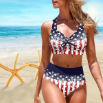 Moteri&scaron;kas kaklo kabantis maudymosi kostiumėlis su &bdquo;Wave Print&ldquo; bikini trumpu maudymosi kostiumėliu 5XL