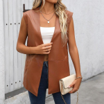 PU liemenės paltas Solid Camisole Moteri&scaron;kos dirbtinės odos liemenės Vasaros mados tendencijos berankovių megztinių liemenių vir&scaron;us XXL ruda