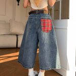 Amerikieti&scaron;ko retro languotas ki&scaron;enės patchwork plataus kirpimo džinsinis &scaron;ortas moterims laisvas kasdienis tiesaus kirpimo auk&scaron;to liemens džinsai liekninantys keliai S