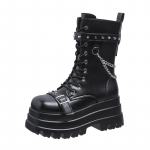 Madingi 8,5 cm Nauji Juodi Punk Stiliaus Moteri&scaron;ki Batai Platforminiai Batai Metalinė Sagtis Vidurio Blauzdos Batai Avalynė Moteris Gotikiniai Ankle Boots Dydis 42 35 juoda