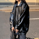 Korėjieti&scaron;ka juoda odinė striukė Moteri&scaron;ka žieminė ilga Moteri&scaron;ka Moto Biker Striukė su užtrauktuku Streetwear Harajuku Y2K laisvas moteri&scaron;kas paltas XXL