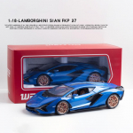 1/18 Scale Lambo Sian Diecast Modelinis Automobilinis žaislas, patraukiama transporto priemonė su garsu ir &scaron;viesa vaikams Dovanų kolekcija suaugusiems 1/18-27.5x12.5x6.5cm mėlyna