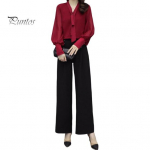 2 vnt./rinkinys OL Komunikacijos apranga Mar&scaron;kiniai Kelnių rinkinys Pure Color V kaklo ilgomis rankovėmis Palaidinė auk&scaron;tu juosmeniu plačiomis kojomis Kelnės Verslo biuro rūbai M raudona