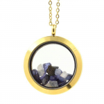 Pierres et Min&eacute;raux. Collier Benitoite brut. Mod&egrave;le M&eacute;daillon 30 mm. Couleur Or.