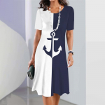 Naujos moteri&scaron;kos suknelės su inkaro ra&scaron;tu, atostogų midi suknelės, moteri&scaron;kos eleganti&scaron;kos suknelės, vasarinė suknelė trumpomis rankovėmis, madinga didelio dydžio S