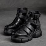 Madingos Kar&scaron;tos Kokybės 6CM Retro Storo Kulno Basutės Moterims Natūralios Odos Vasarinės Auk&scaron;takulnės Uždarais Pir&scaron;tais Basutės Sagtis Užtrauktukas Platforminiai Batai 35 juoda