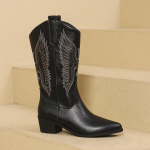 &bdquo;Cowgirl&ldquo; 2024 m. &bdquo;New Trend Wedge Heels&ldquo; siuvinėti žieminiai batai moterims, balti raudoni, rožiniai &bdquo;Cowgirl&ldquo; kaubojų batai 36 juoda