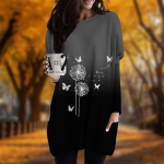 Nauja rudens drugelių spausdinta kiaulpienių spauda didelio dydžio moteri&scaron;ka suknelė su kaklu ilgomis rankovėmis, laisvalaikio ki&scaron;eninės suknelės XS violetinė