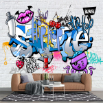 Grafiti tapetai Animacinis 3D freska Gatvės Hip Hop Grafiti tapetai Plytų sienos fonas Dekoras Sienos freska 200 cm(W) x 140 cm(H) blue