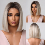 Ombre Brown Platinum Blonde sintetiniai perukai Trumpi tiesūs Bob perukai juodoms moterims Kasdieniai natūralūs kar&scaron;čiui atsparūs plaukai Cosplay Wig LC2012-1