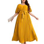 Moteri&scaron;ka juosmeninė juosta Plisuota suknelė su raukiniais trumpomis rankovėmis suknelė auk&scaron;tu liemeniu su juosmeniu Eleganti&scaron;ka suknelė su rauk&scaron;lėta apykakle XXL geltona