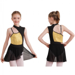 Girls Mock-Neck Cutout Back Lyrical Dance Dress Costumes for Contemporary Ballet Dance wear Leotard Wrap Skirt 5-6 Years auksas