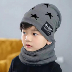 (BERNIUKAS)Vilnos kontrasto spalvos megztos &scaron;iltos žieminės kepuraitės vaiki&scaron;ka kepurė + &scaron;alikas dviejų dalių rinkinys Big star tamsiai mėlyna spalva