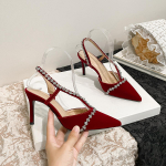 L-101 2025 Baotou Cirkonio Sandalai Moteri&scaron;ki Seksualūs Vienos Juostelės Stiletto Pasakų Stiliaus Auk&scaron;takulniai Raudoni Vestuviniai Batai 32