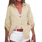 Moteri&scaron;ki vasariniai medvilniniai lininiai vienspalviai mar&scaron;kiniai septynių ta&scaron;kų rankovėmis, laisvi mar&scaron;kinėliai V formos kaklu M chaki