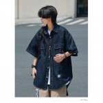 Japoni&scaron;kas Retro Mados Prekės Ženklas Vasariniai Laisvi Džinsiniai Mar&scaron;kiniai Trumpomis Rankovėmis Meninis Jaunimo Darbo Drabužių Mar&scaron;kiniai Vyri&scaron;ka ir Moteri&scaron;ka Daugiasluoksnė Striukė M tamsiai mėlyna spalva