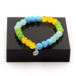 Pierres et Min&eacute;raux. Bracelet Perles Ang&eacute;lite + Calc&eacute;doine bleu + P&eacute;ridot + Agate jaune 8 Fabriqu&eacute; en France.